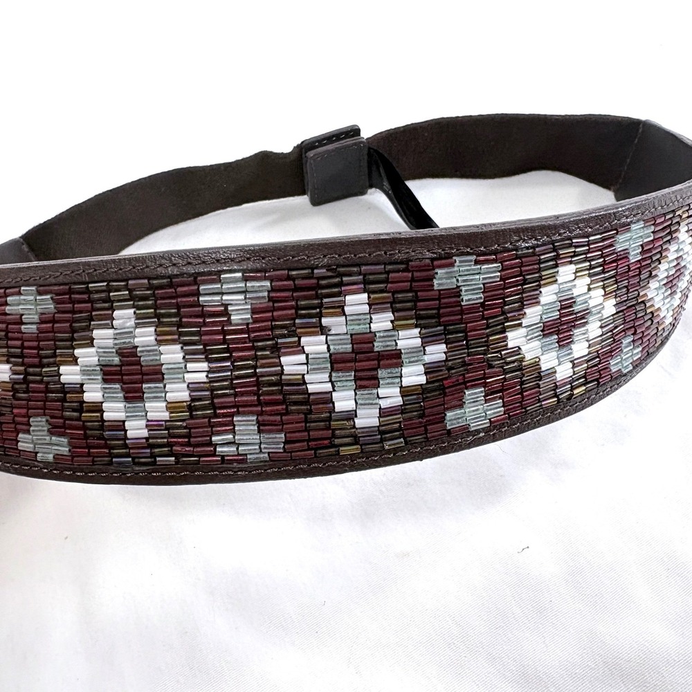 Anthropologie  Brown Leather Beaded Geometric Diamond Pattern Belt‎ Size Small